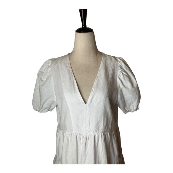 Zara Dress Women Small White Linen Blend Short Puff Sleeve Babydoll Preppy - Picture 4 of 11